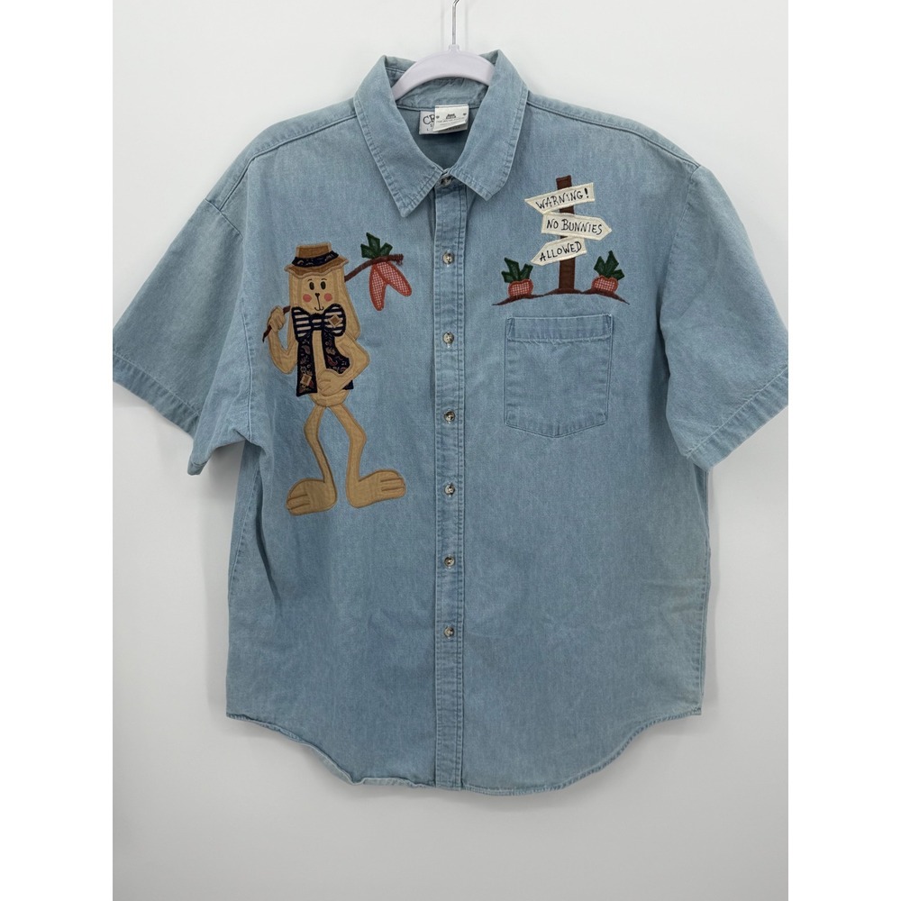 Crystal Springs Y2K Women Large Blue Denim Bunny Embroidered Shirt Easter